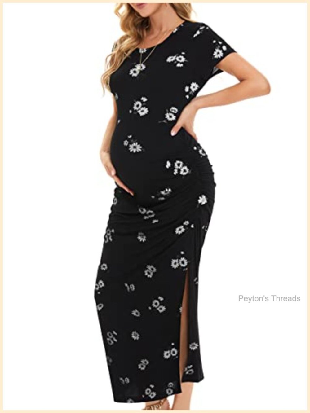 Split Long Short Sleeve Maternity Dress Ruched Pregnancy Casual